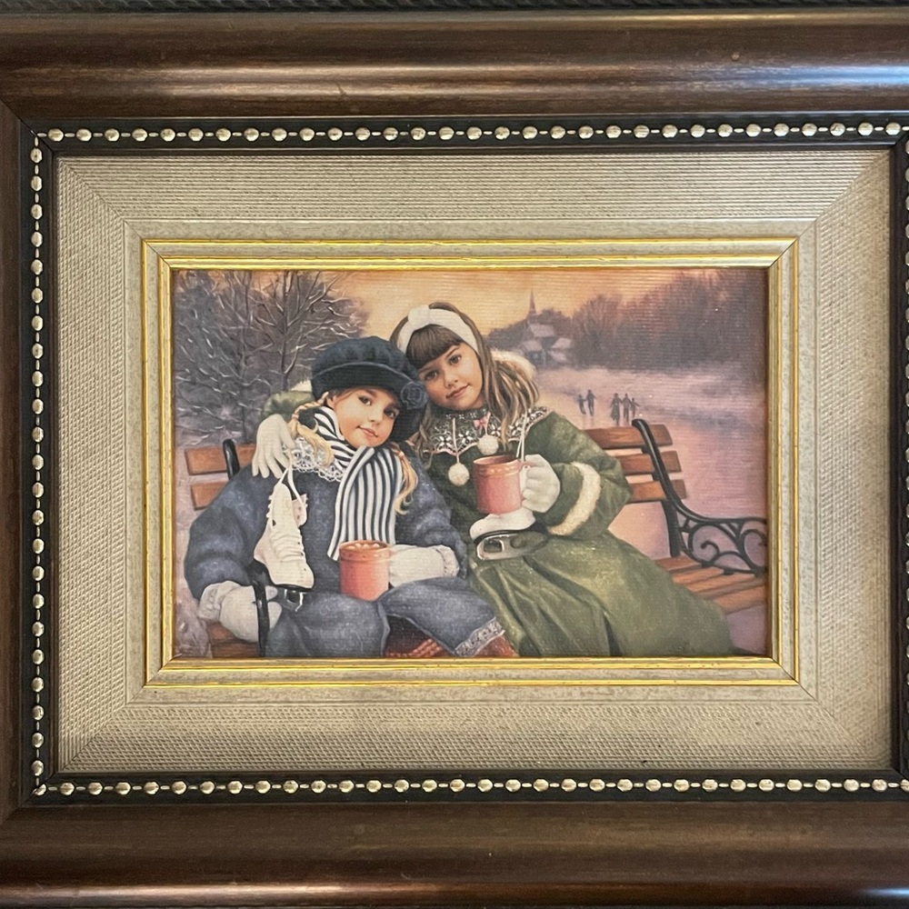 Chantel Poulin “The Skaters” Vintage Winter Children Art Print - Green & Blue